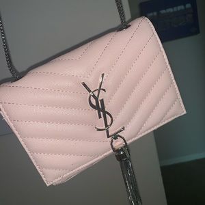 pink crossbody bag with silver strap